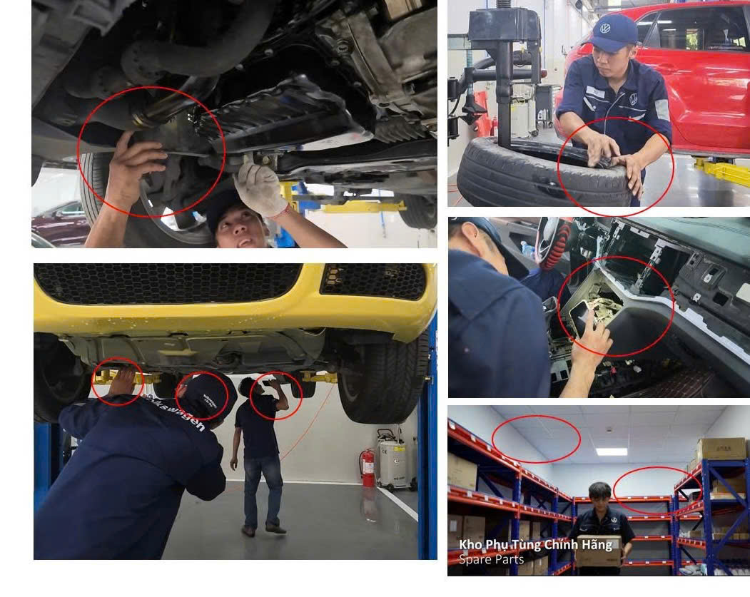 Kỹ thuật viên thực hiện kiểm tra xe Volkswagen theo quy trình bảo dưỡng